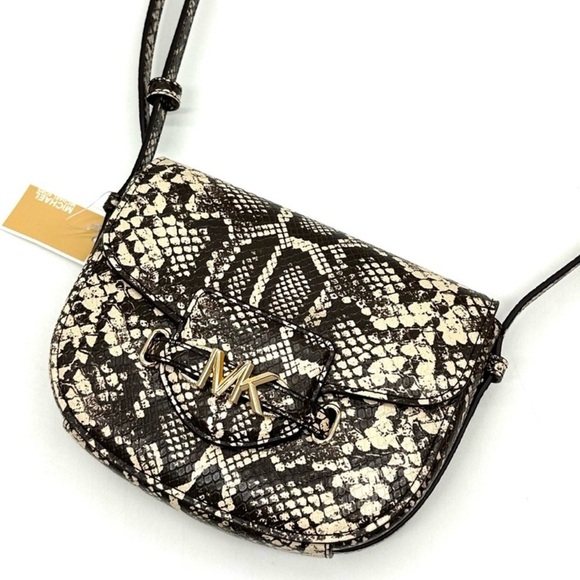 Michael Kors Small Reed Leather Saddle Crossbody Bag Snakeskin Nat/Light Cream - Picture 1 of 10